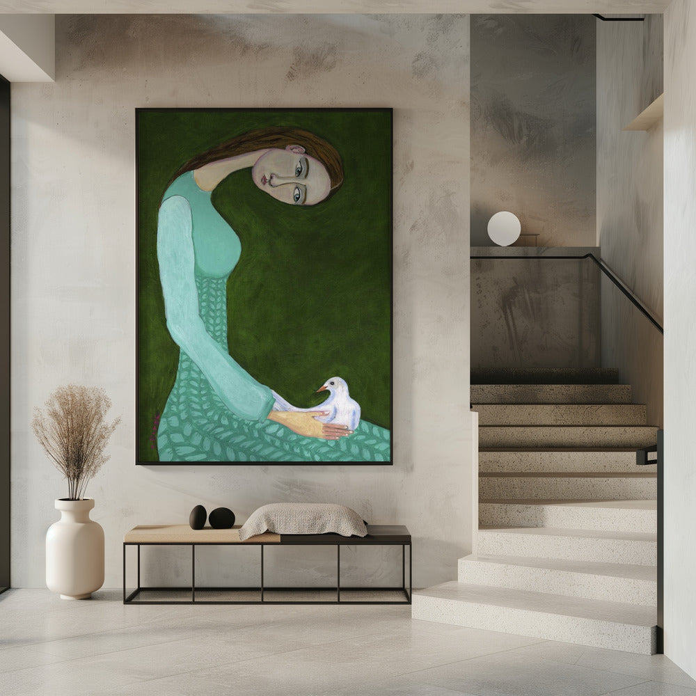 Dame zittend met witte duif | Poster