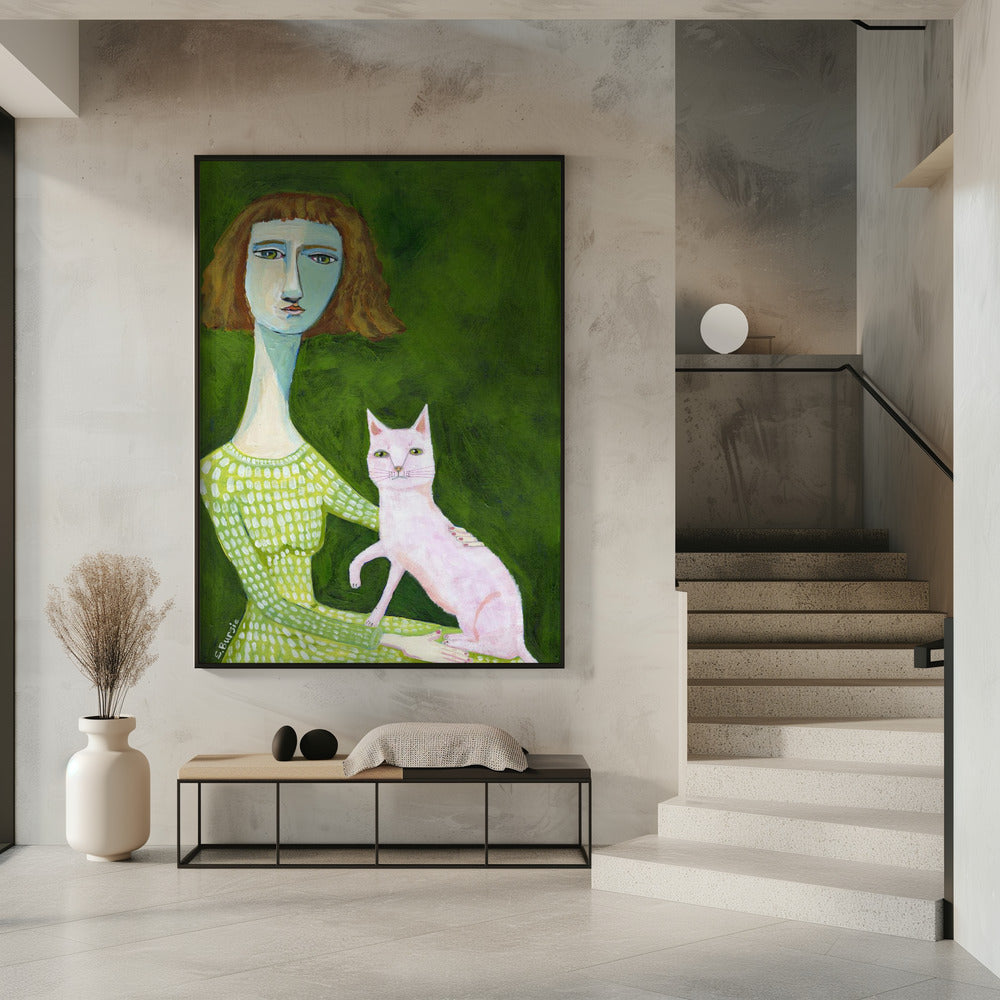 Kattenvrouw met roze kat | Poster