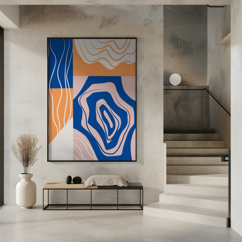 Abstracte collage in blauw en oranje | Poster
