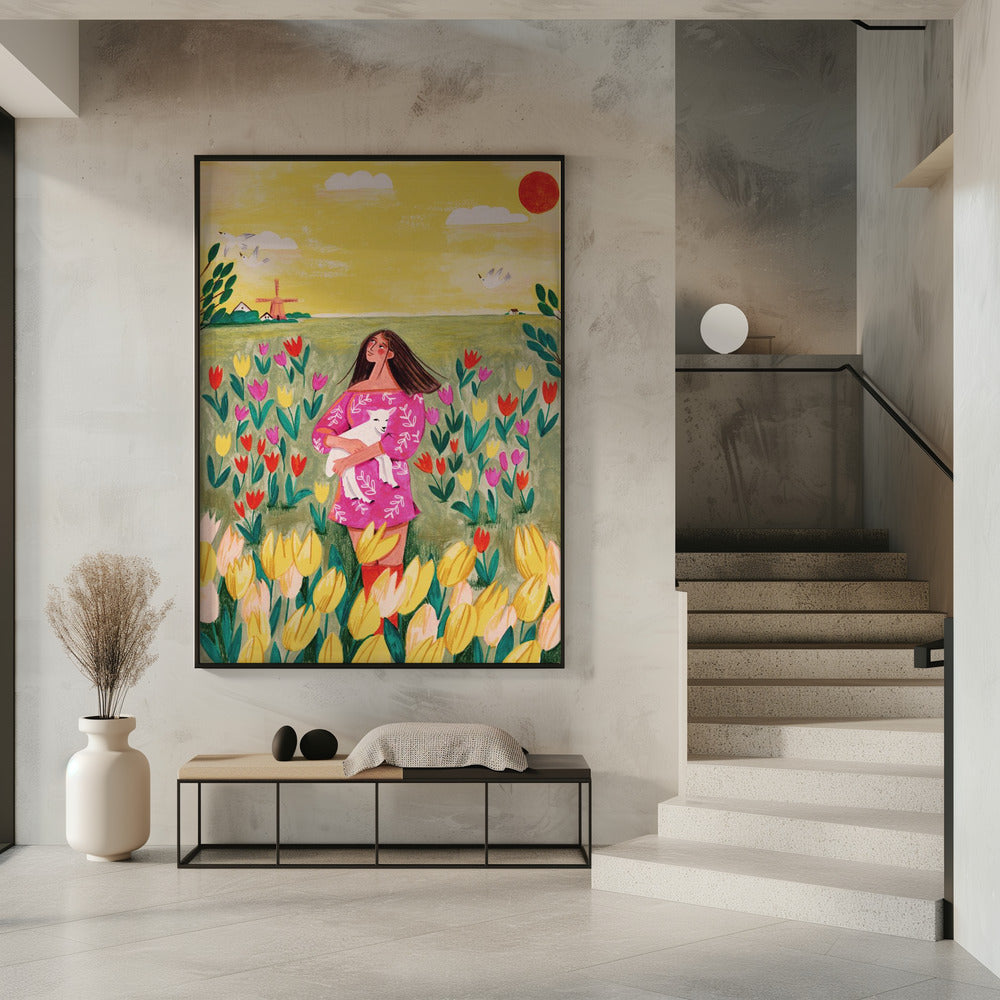 Woman in spring tulip field | Poster