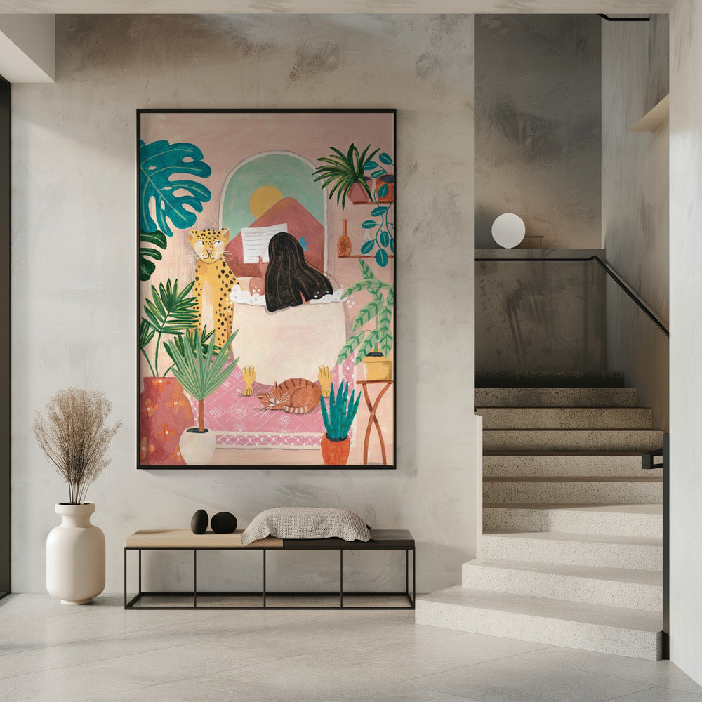 Woman taking bath in pink tropical bathroom | Poster