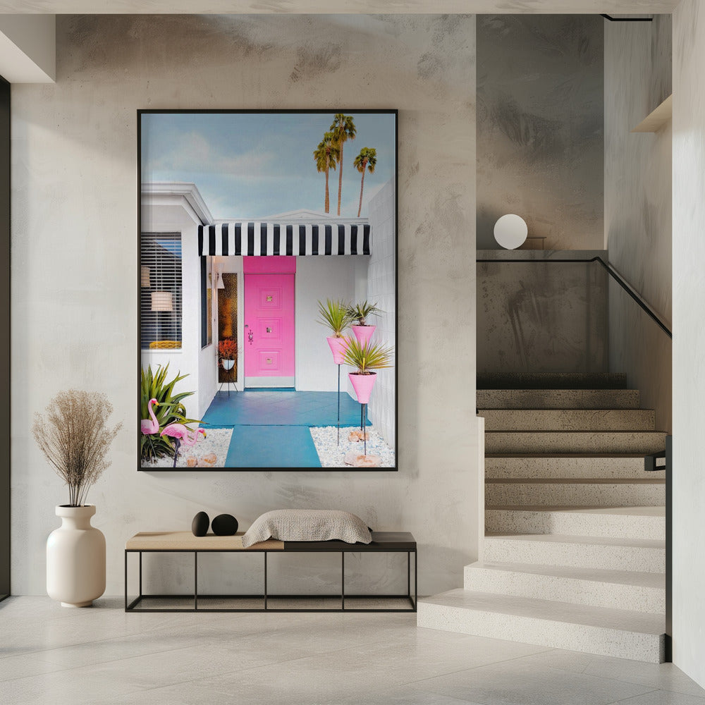 Roze deur met tuinflamingo's | Poster