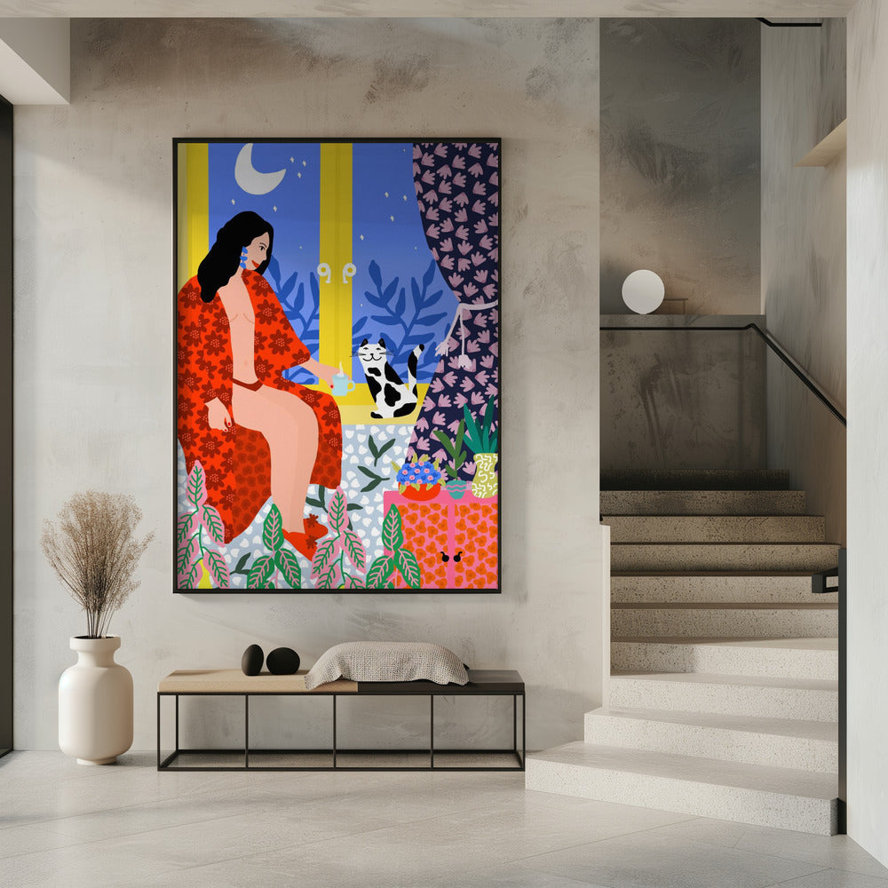 Avondthee met kat | Poster