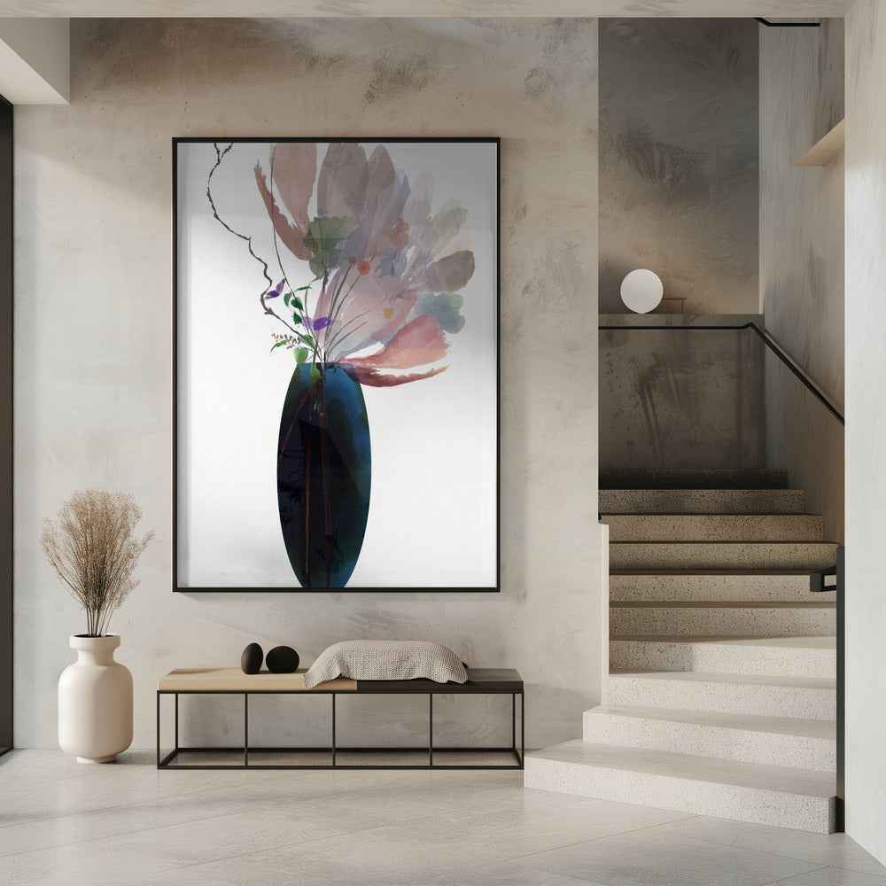 Blozende roze bloemen in blauwe glazen vaas | Poster