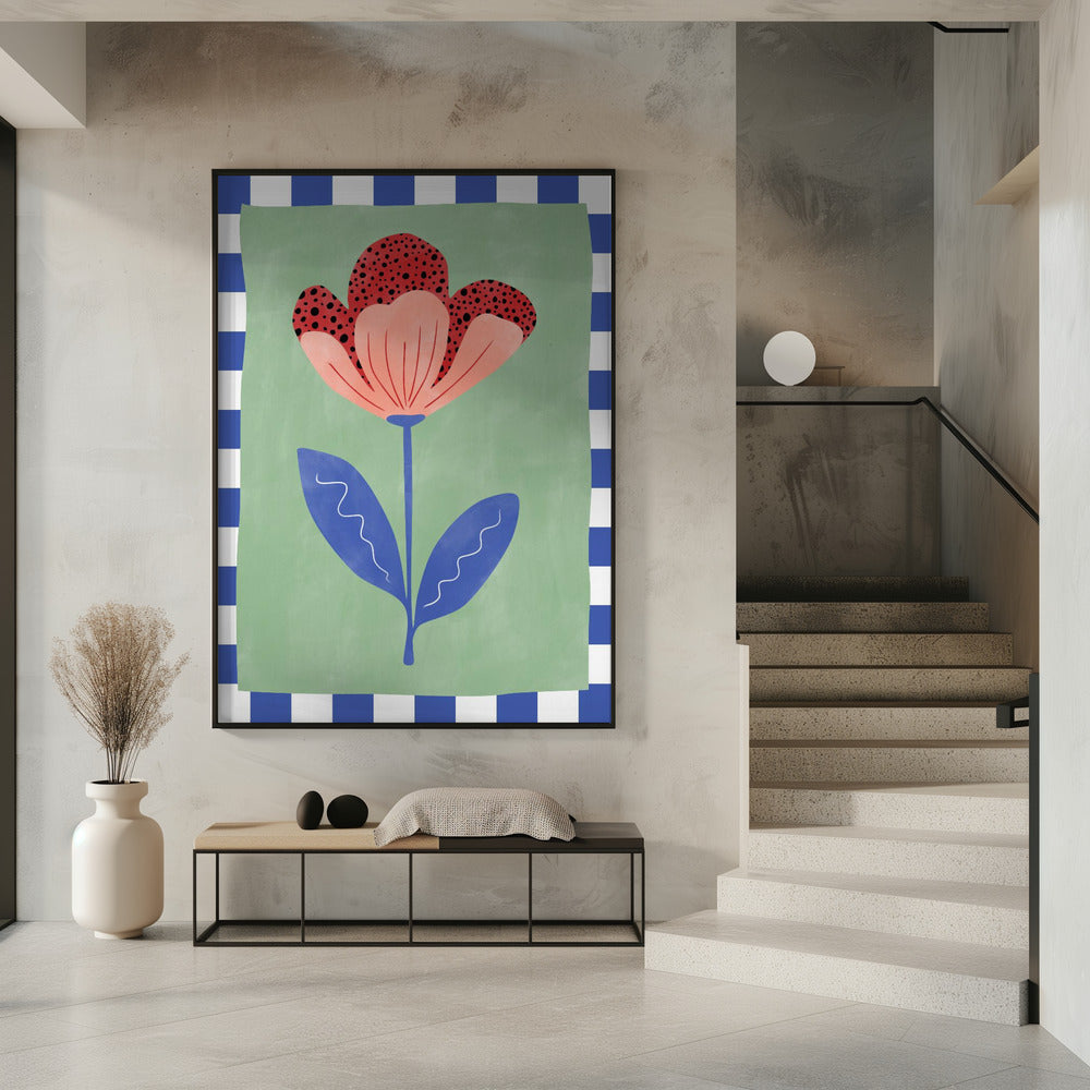 Gestileerde bloem met rode bloemblaadjes en zwarte stippen | Poster