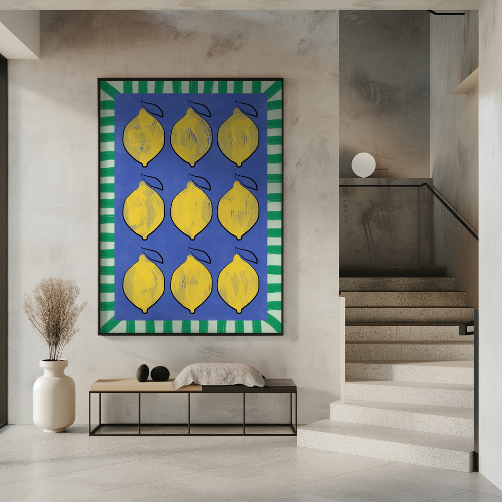 Levendige gele citroenen op een diepblauwe achtergrond | Poster