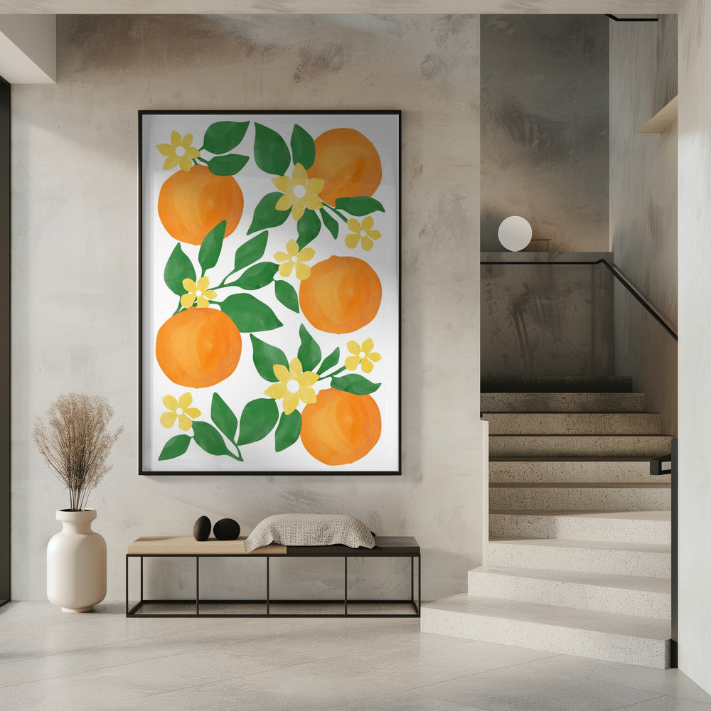 Sinaasappels met groene bladeren en delicate gele bloemen | Poster