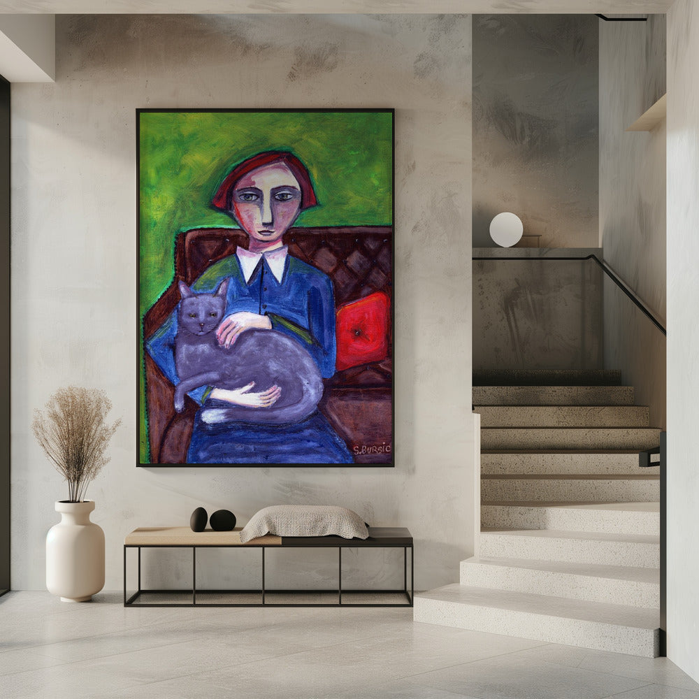Dame op de bank met kat | Poster