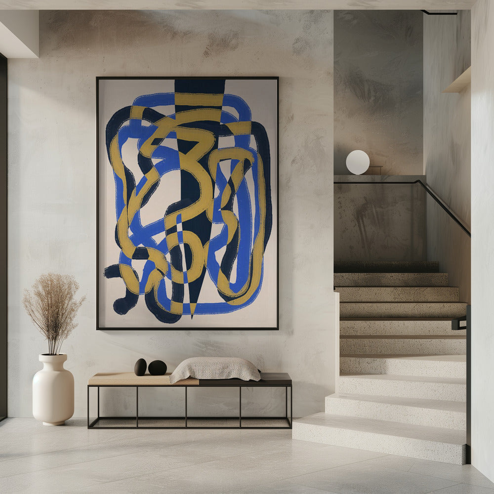 Abstracte lijn deco blauw en geel | Poster