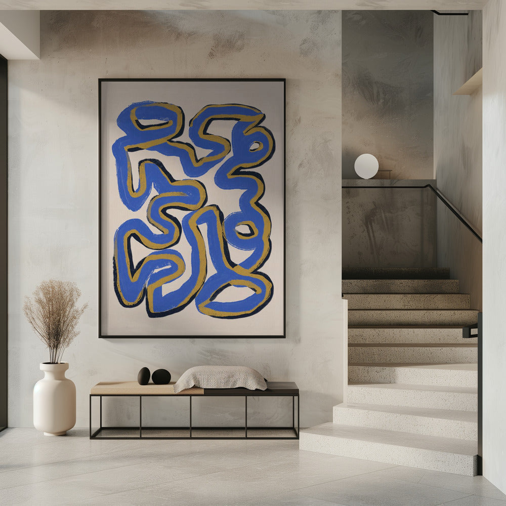 Verweven blauwe en okerkleurige lijnen | Poster