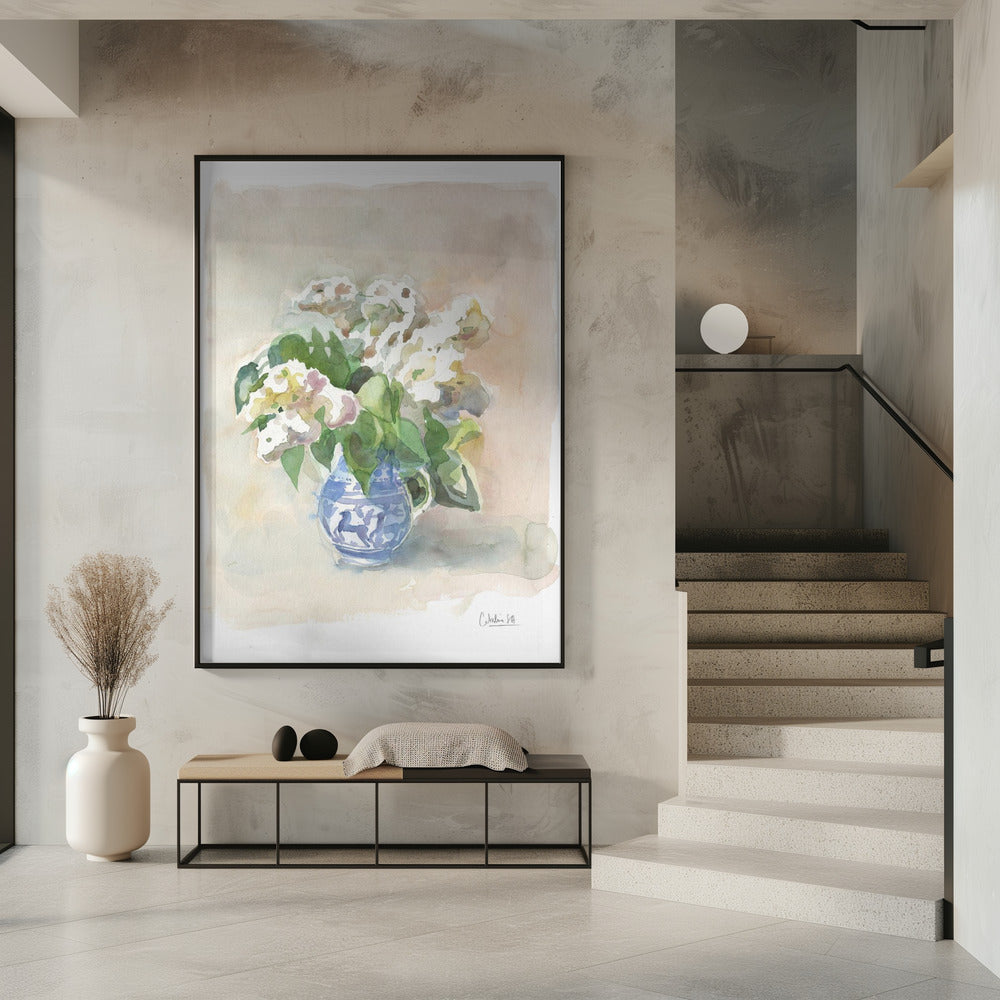 Witte seringen in een vaas, aquarel. | Poster
