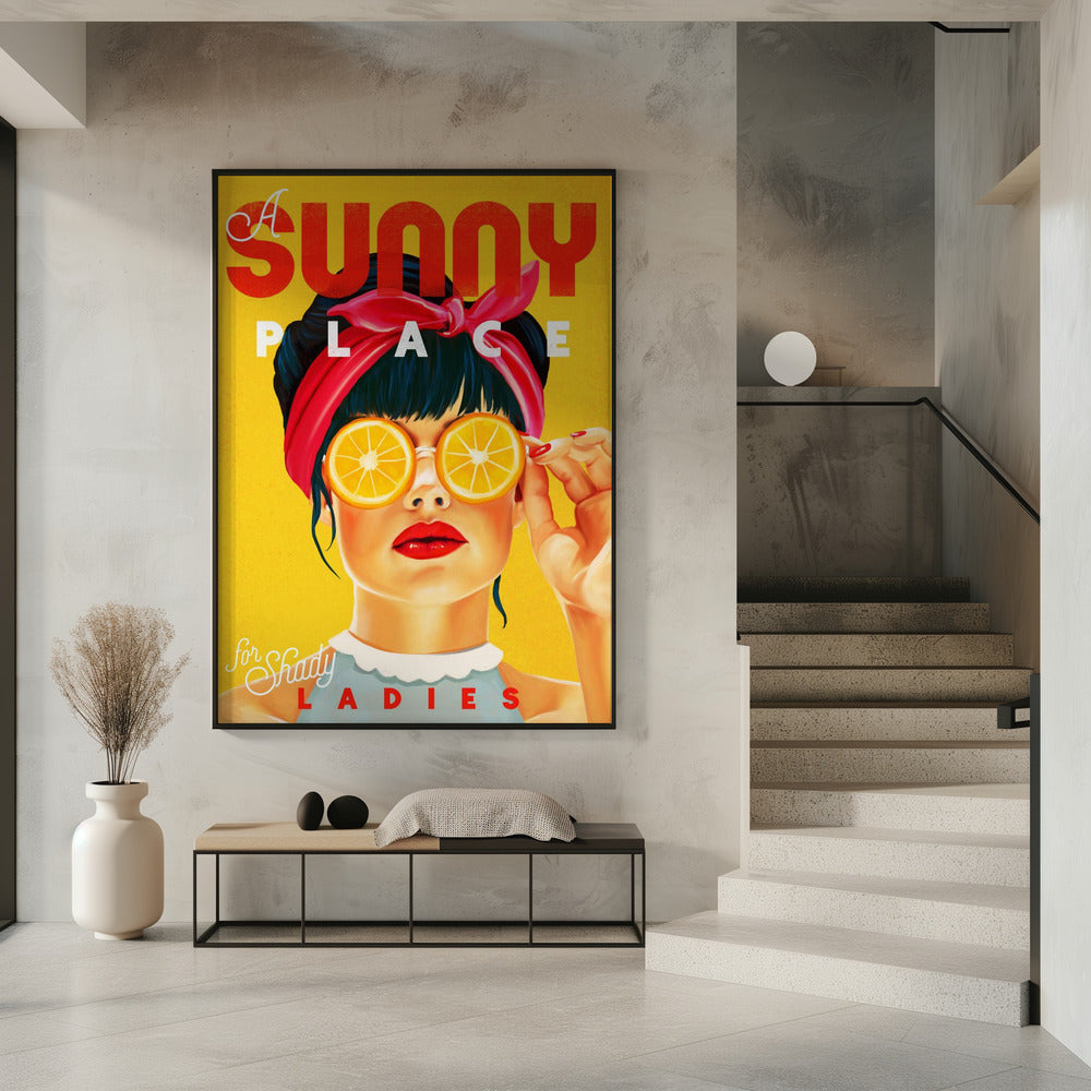 Een zonnige plek voor louche dames - oranje pinupkunst | poster