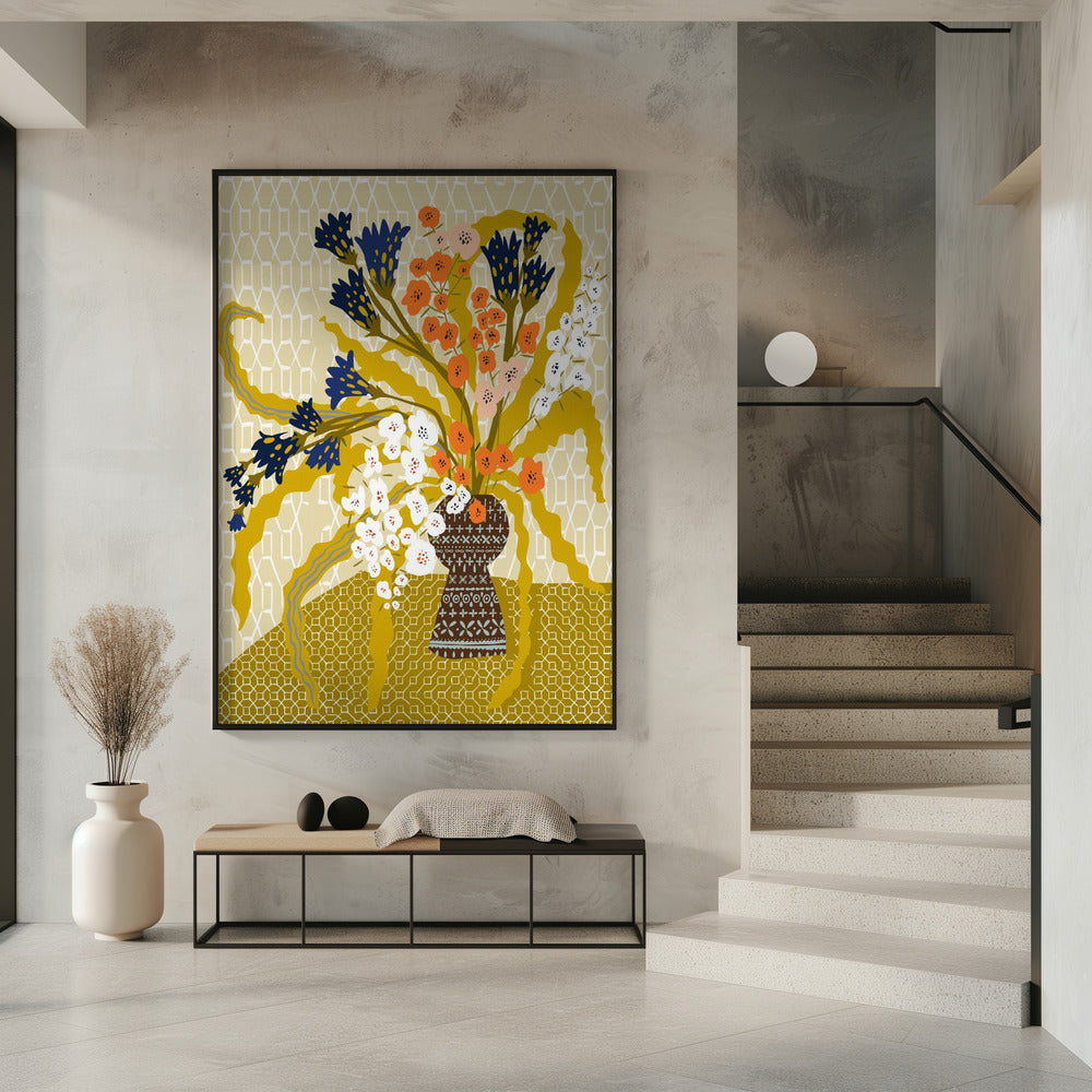 Bloemen hedendaags stilleven mosterdgeel | Poster