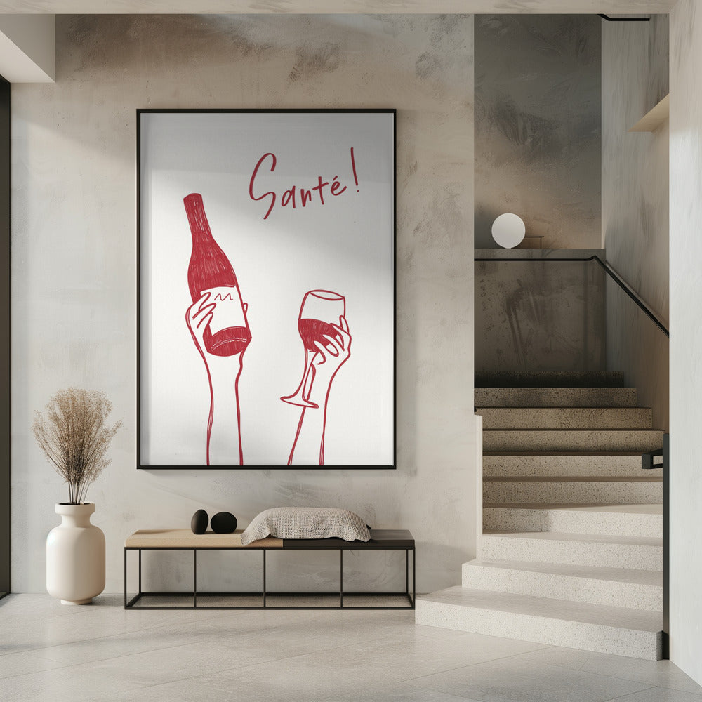 Handen met een fles wijn en een wijnglas met de tekst "Proost!" in het Frans | Poster