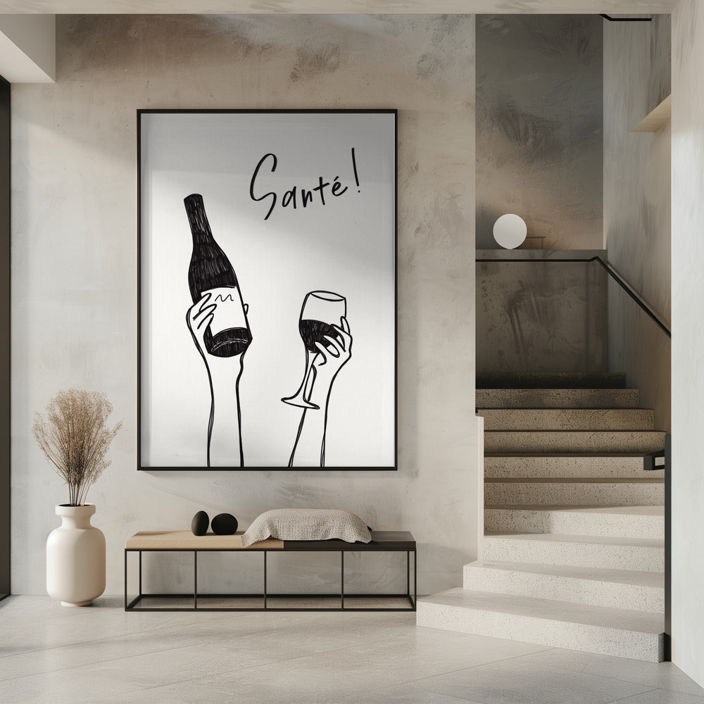 Hands holding a wine bottle and a wine glass with the text "Cheers!" in French | Poster