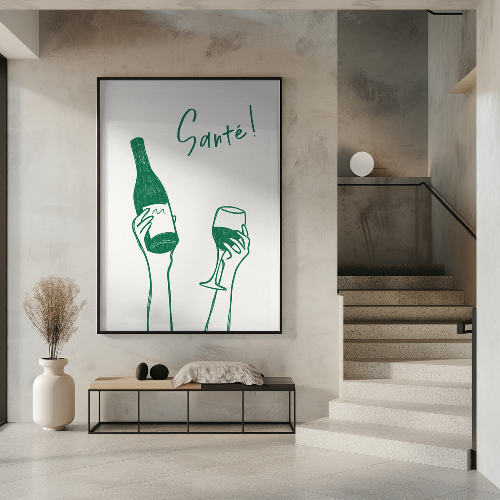 Hands holding a wine bottle and a wine glass with the text "Cheers!" in French | Poster
