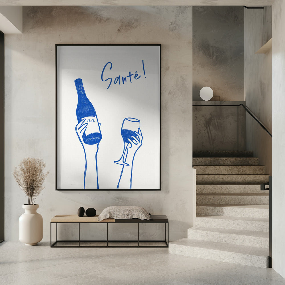Hands holding a wine bottle and a wine glass with the text "Cheers!" in French | Poster