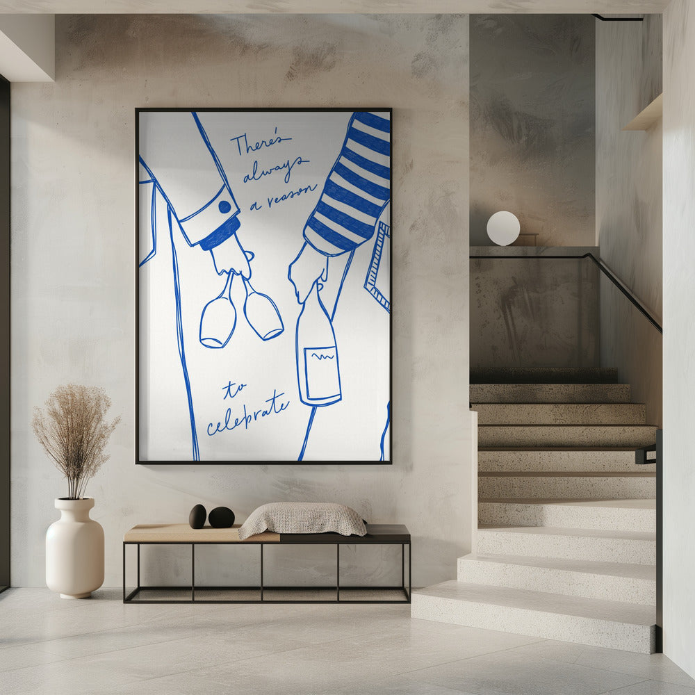 Vrouw met wijnfles en wijnglas (blauw) - Wijn Vin Femme Bleu | Poster