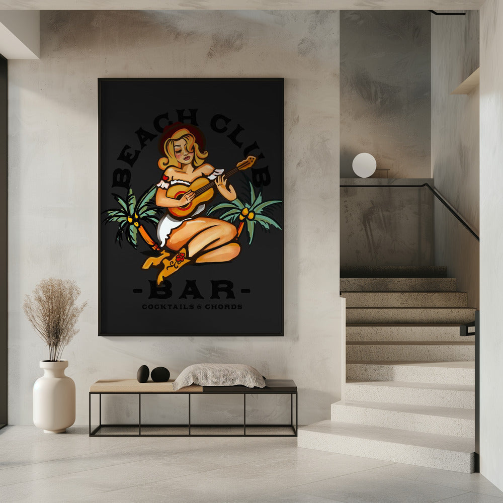 Beachclubbar. Pin-upgirl in Sailor Jerry-stijl speelt gitaar | Poster