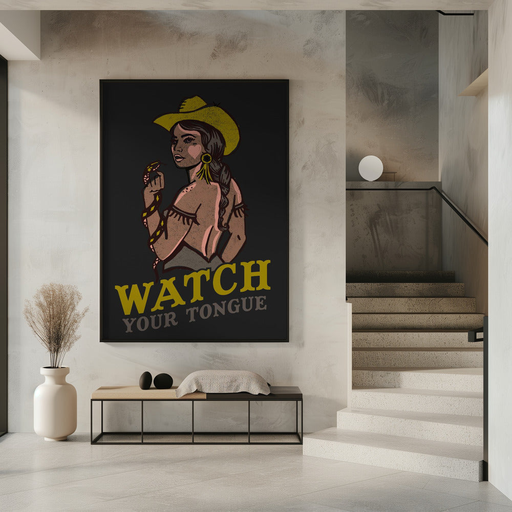 Let op je tong, stoere pin-up cowgirl en ratelslang | Poster