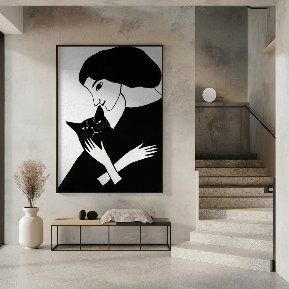 Kattenvrouw met zwarte kat | Poster