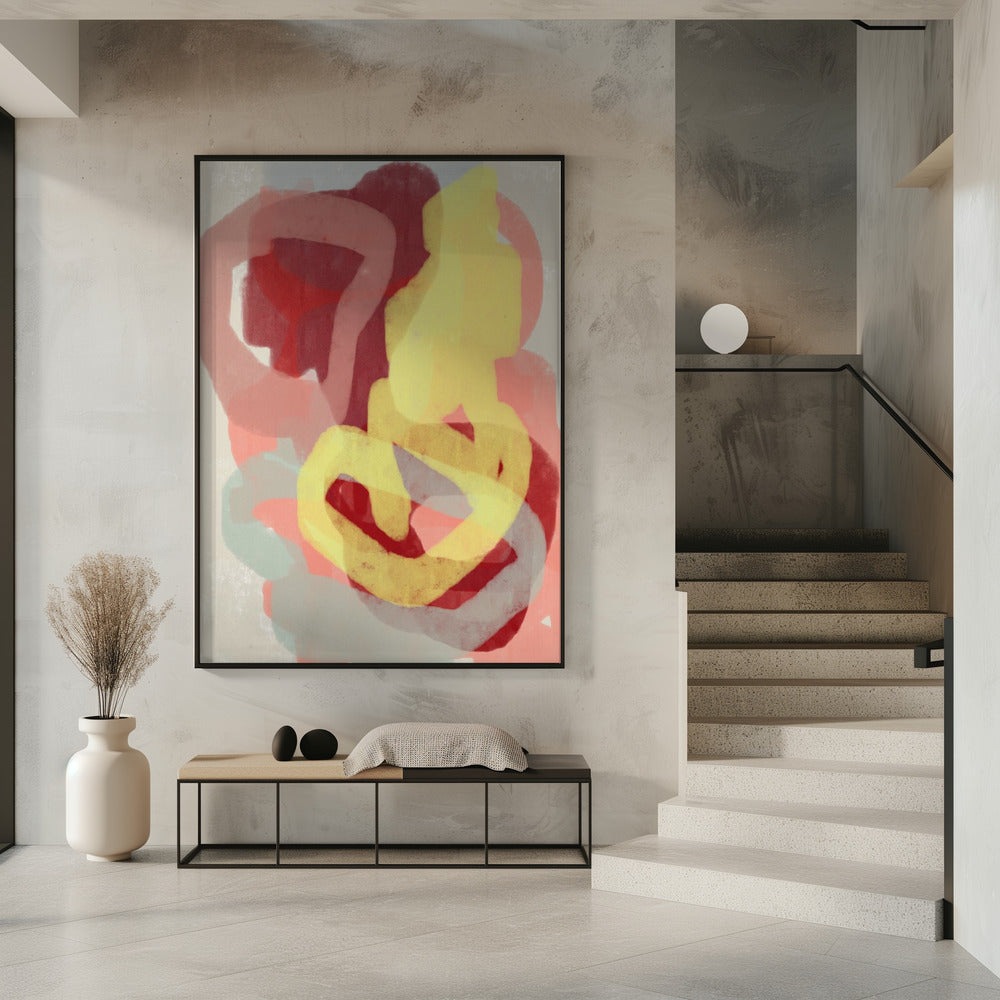 Abstract schilderij in pastel. Geel, rood en grijs. | Poster