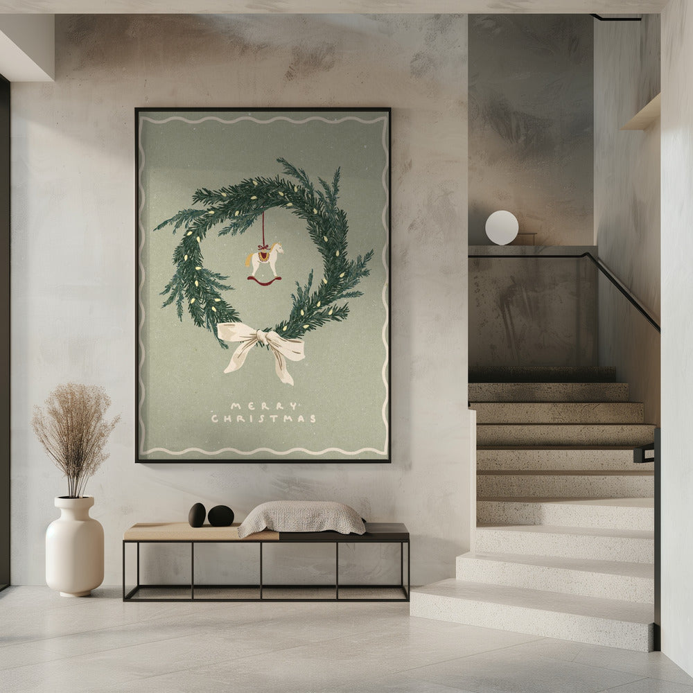 Paardenspeelgoed op kerstkrans met strik | Poster