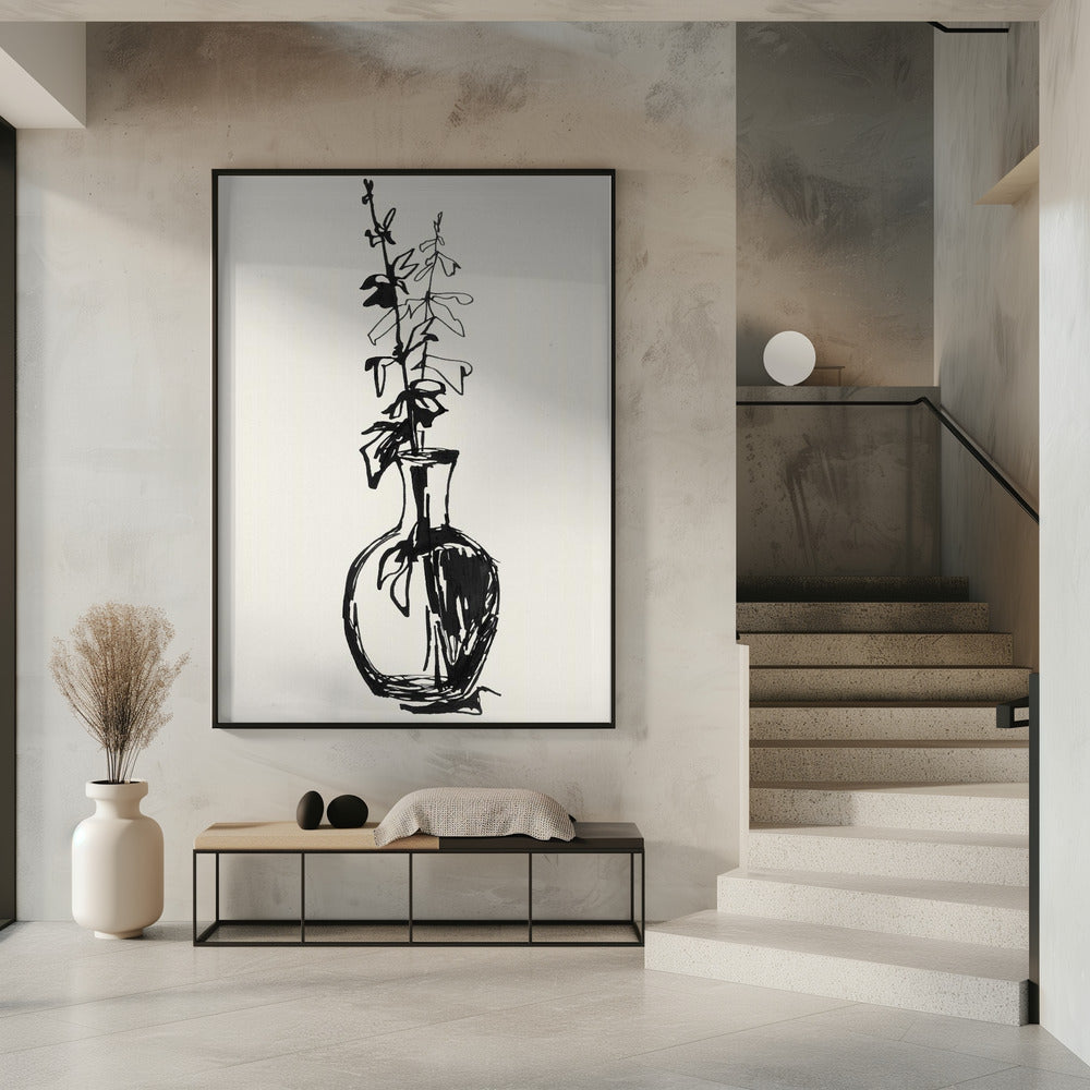 Bladeren in een vaas inktschets | Poster