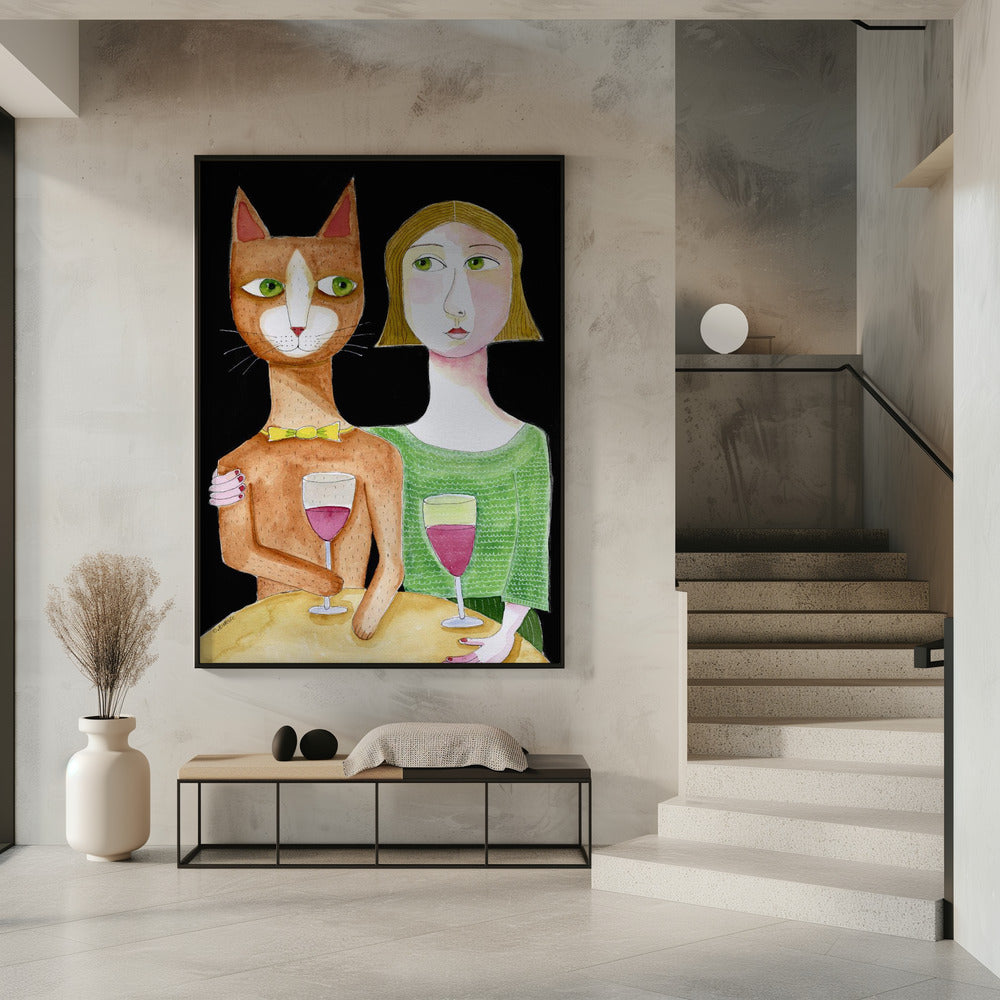 Beste vrienden Kat en Vrouw drinken wijn | Poster
