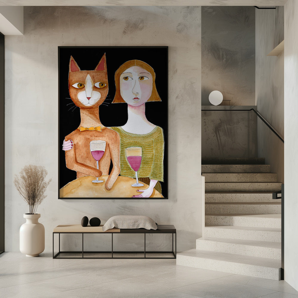 Beste vrienden Kat en Vrouw drinken wijn | Poster