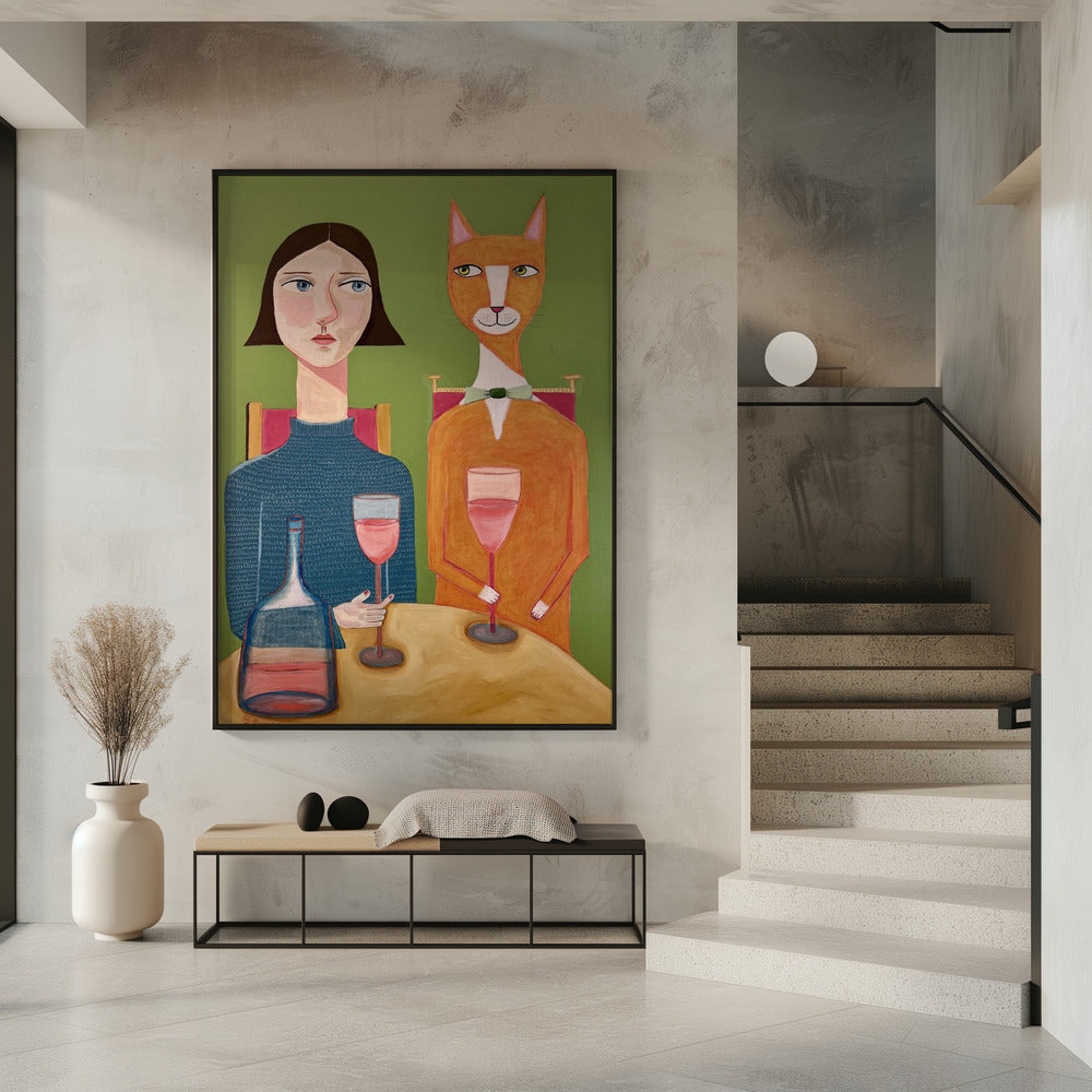 Dame en kat drinken wijn | Poster