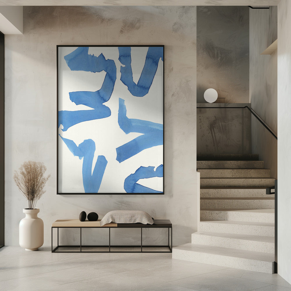Abstracte blauwe penseelstreken kunstdruk nr. 2 | Poster