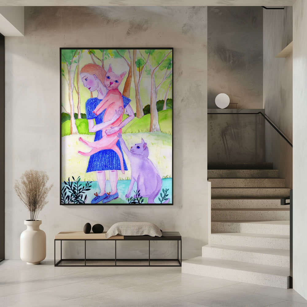 Dame met de roze en blauwe kat. | Poster