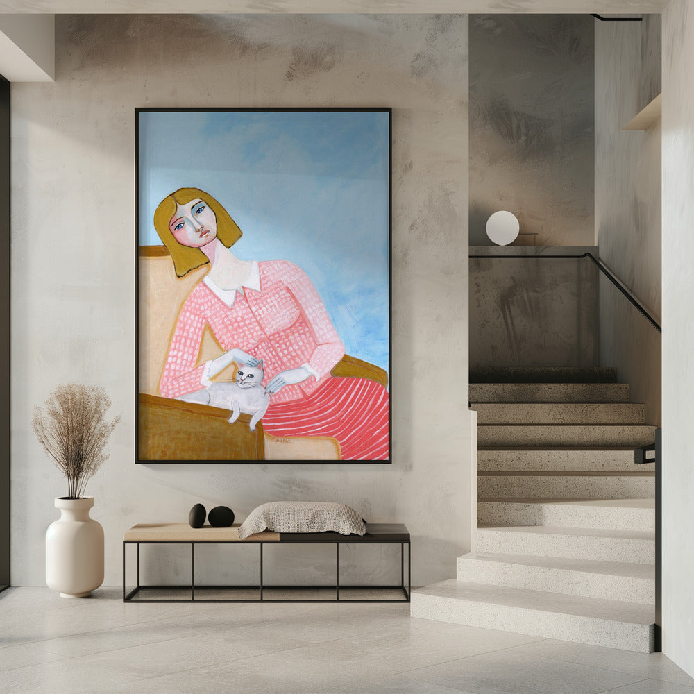 Dame met witte kat | Poster
