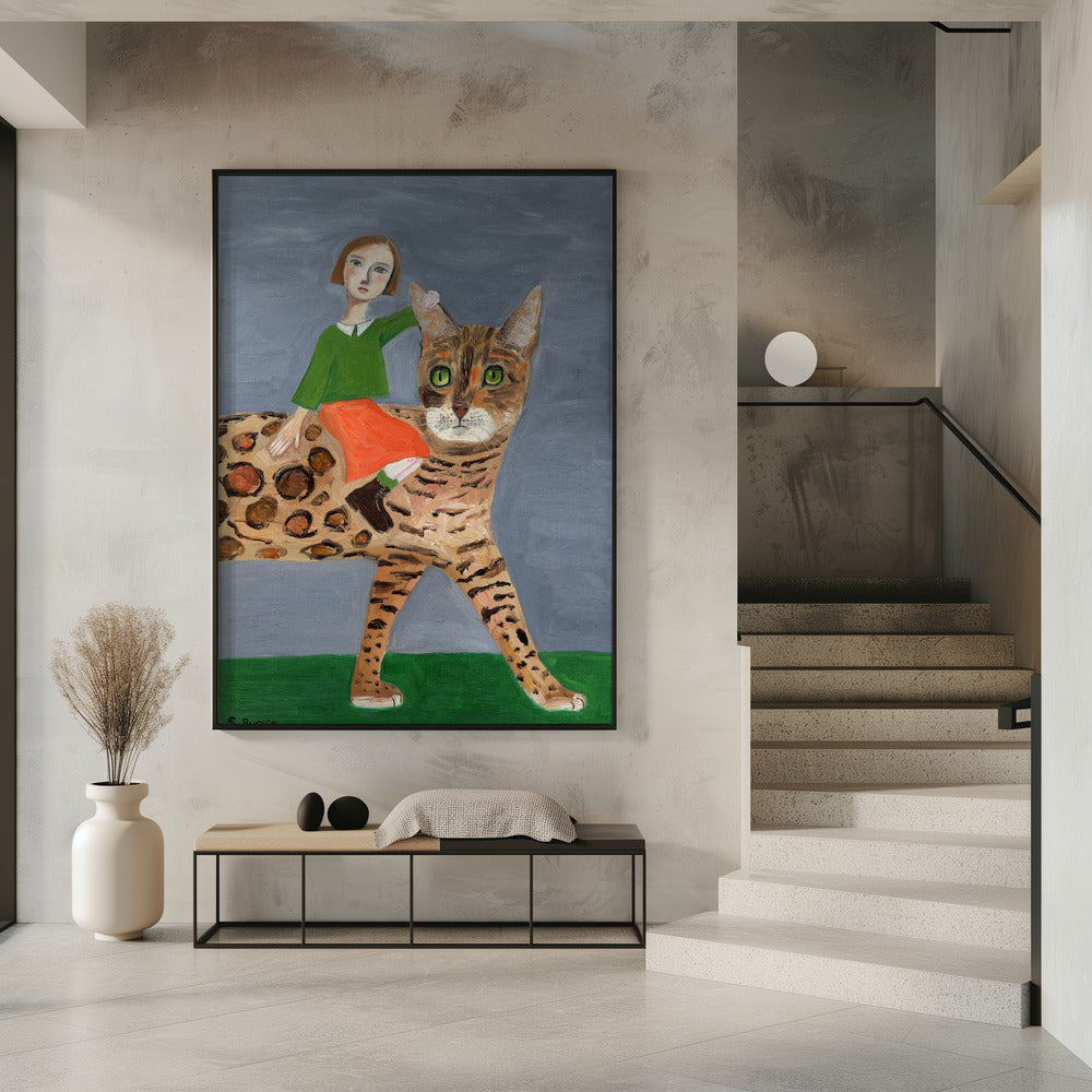 Meisje op Bengaalse kat | Poster