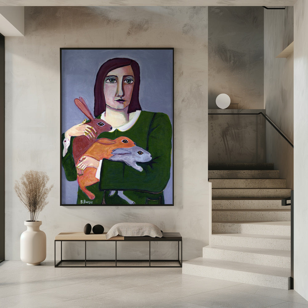 Dame met drie konijnen | Poster