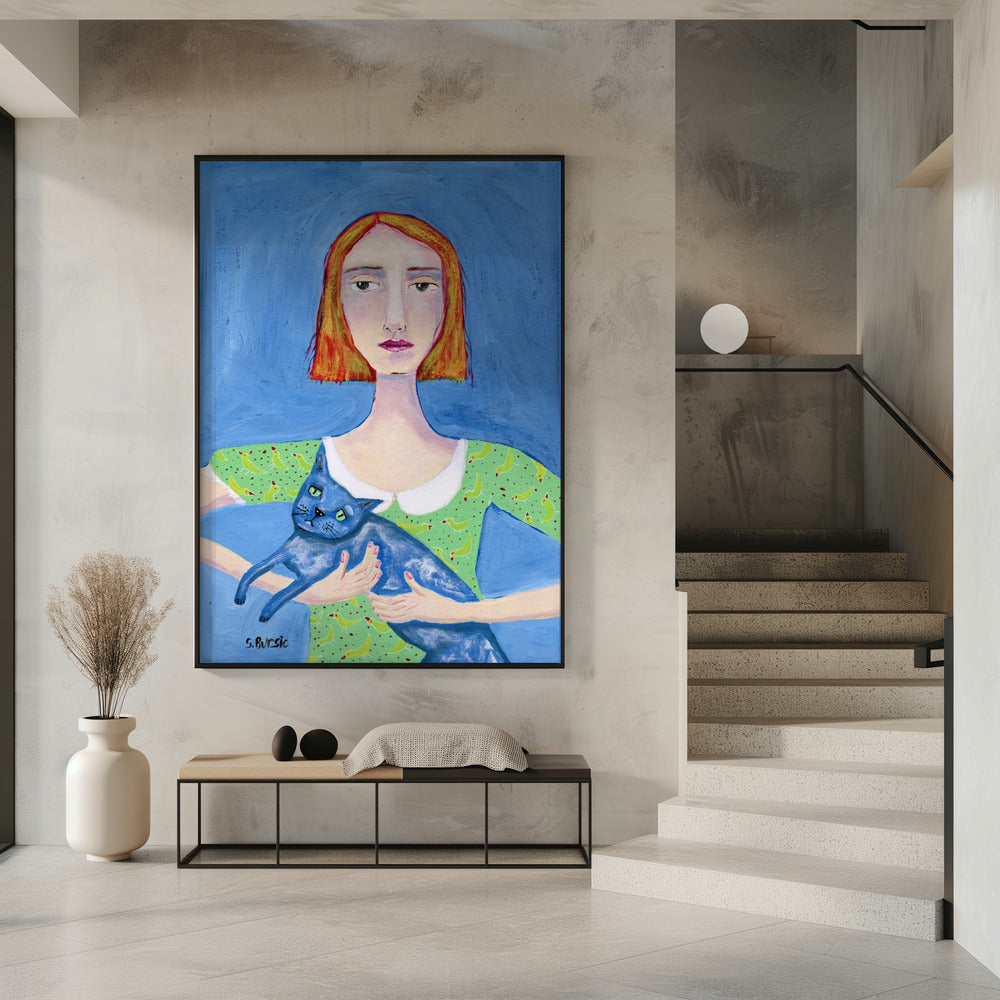 Dame met de blauwe kat | Poster