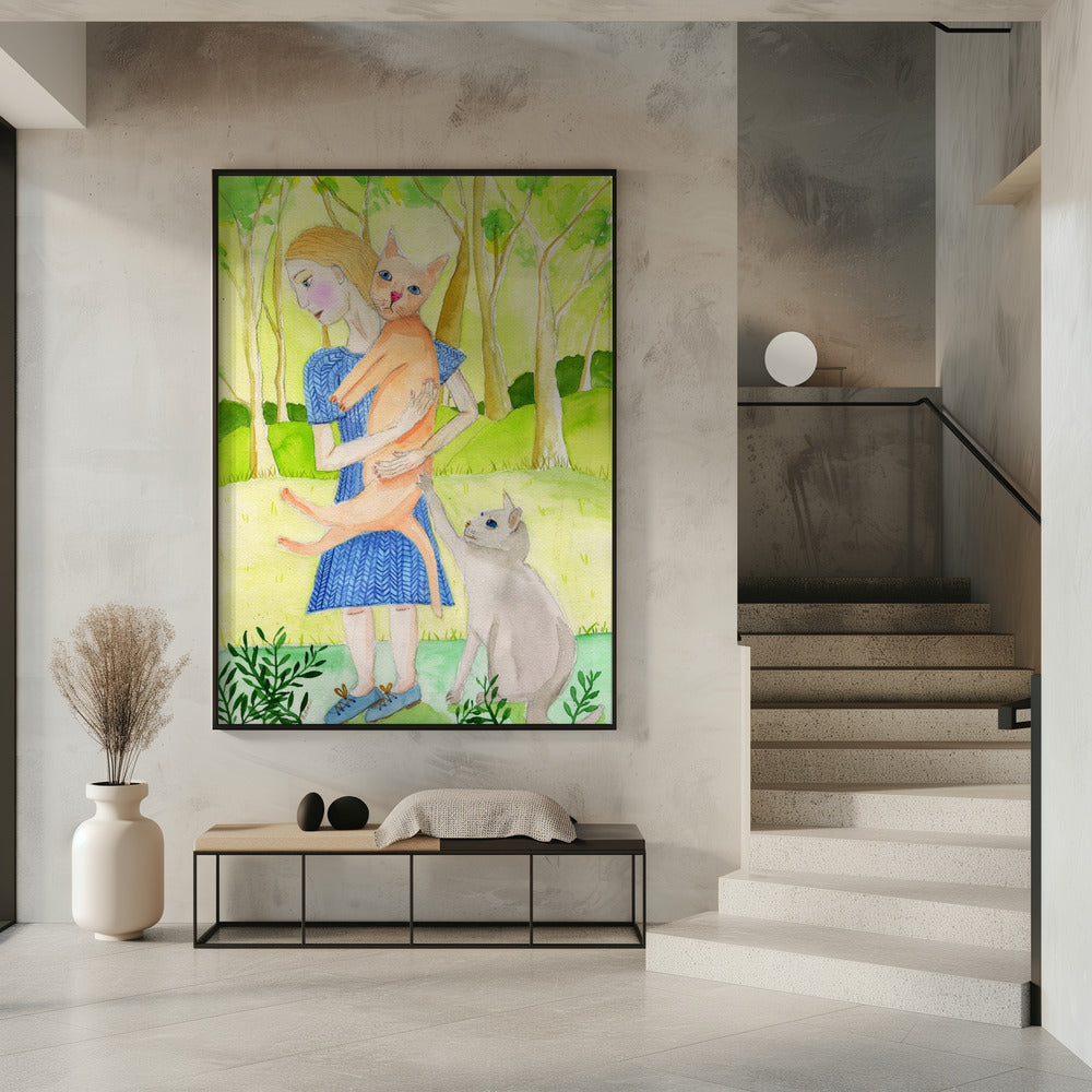 Dame met de oranje en grijze kat. | Poster