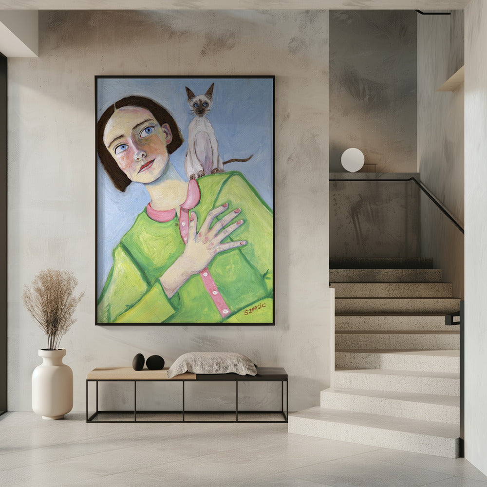 Meisje met kat op schouder | Poster