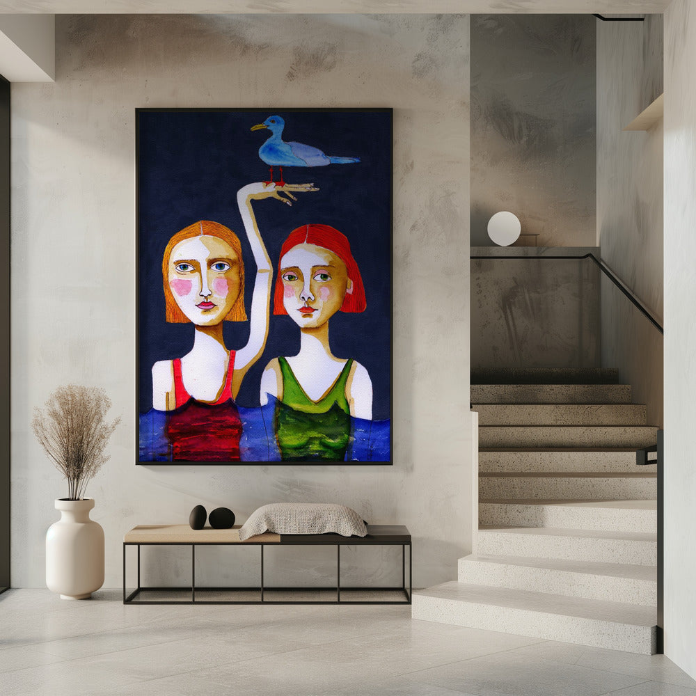 Zwemmende meisjes met blauwe meeuw. | Poster