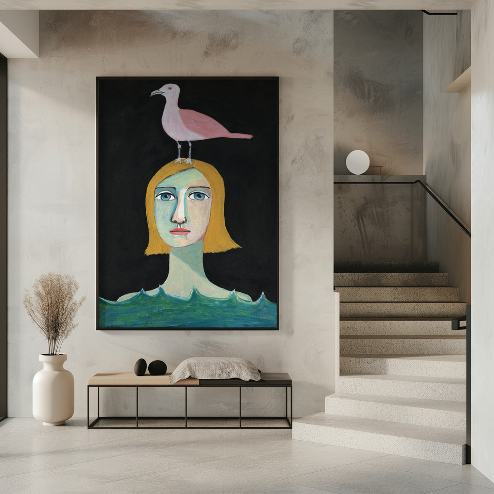 Zwemmend meisje met roze meeuw | Poster