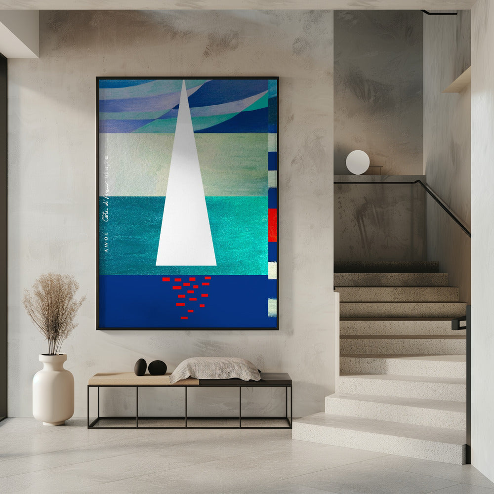 Abstracte zeilboot aan de Franse Rivièra, kleurrijke Côte d'Azur kunstdruk | poster