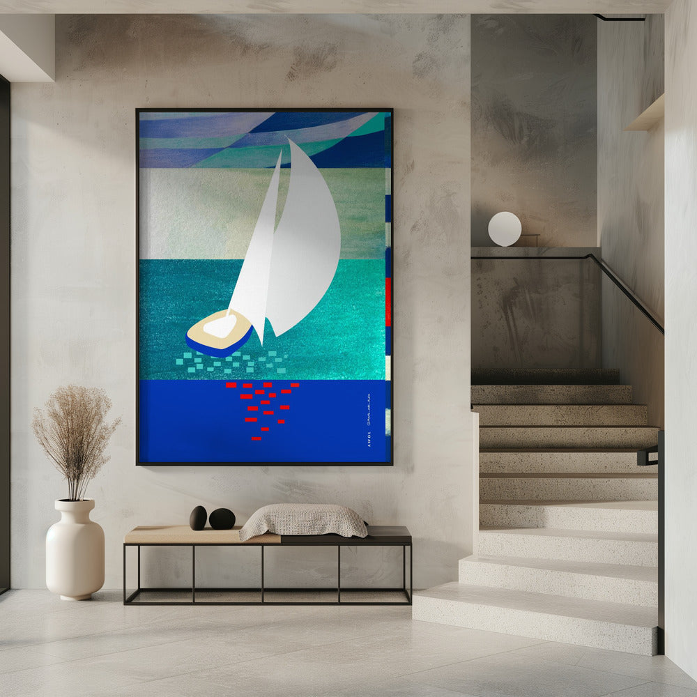 Witte zeilboot met reflecties, abstracte zeekunst met grafische strepen | Poster