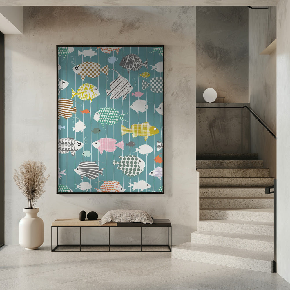 Verse vis op blauwgroen patroon | Poster