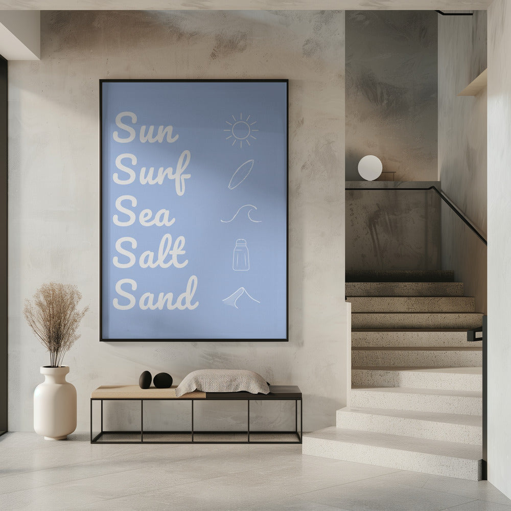 Zon, surf, zeezout, zand, lichtblauw | Poster