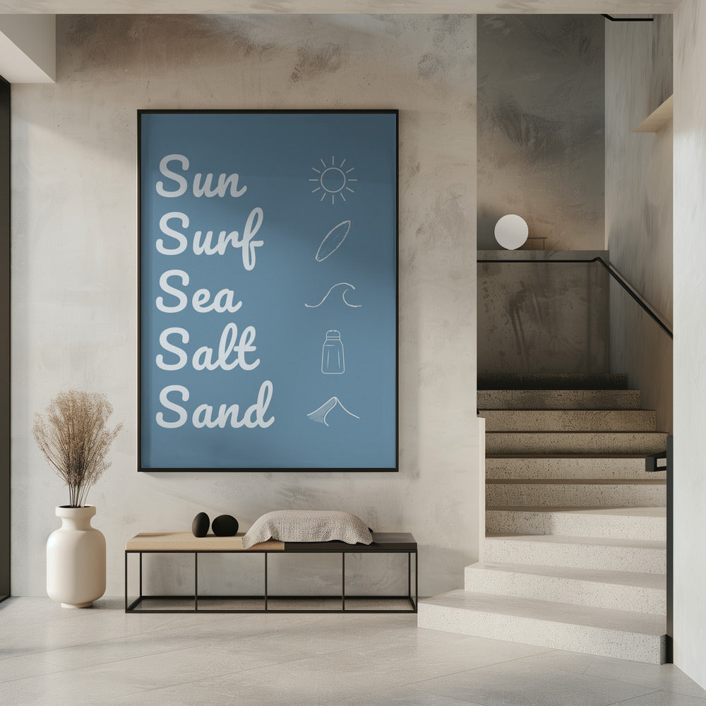 Zon, surf, zeezout, zand, donkerblauw | Poster