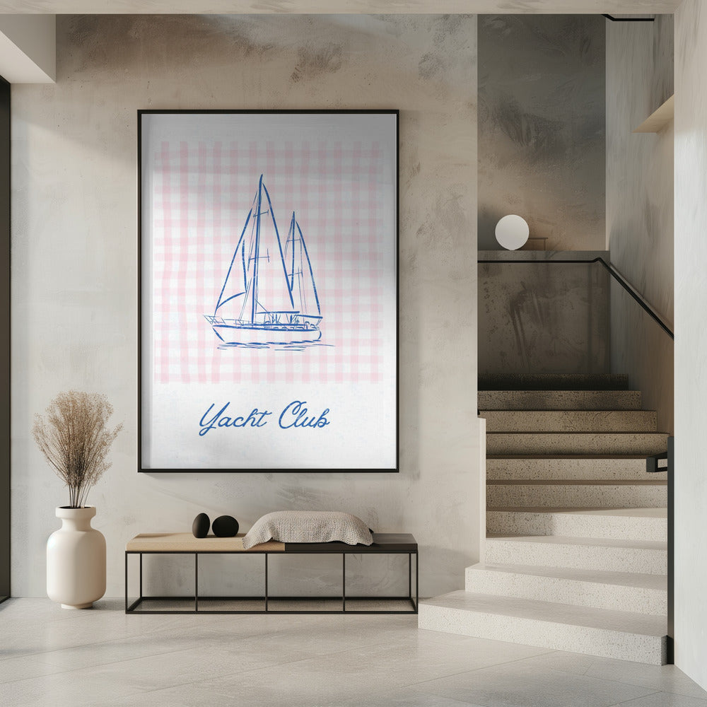 Minimalistische blauwe lijntekening van een jacht | Poster