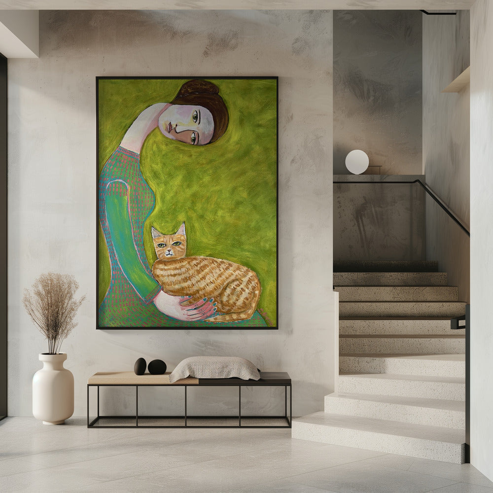 Bent Neck Lady met haar geliefde gemberkat. | Poster