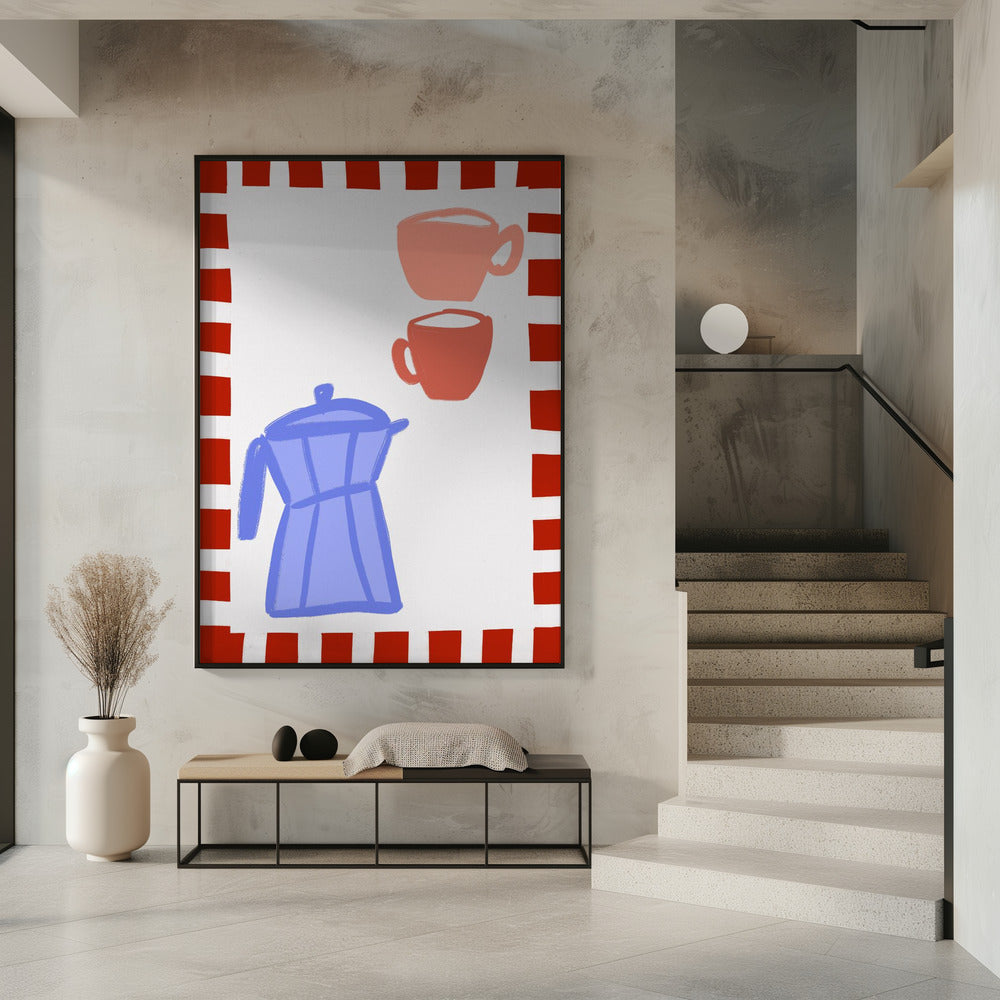Minimalistische blauwe koffiepot en twee roze kopjes | Poster