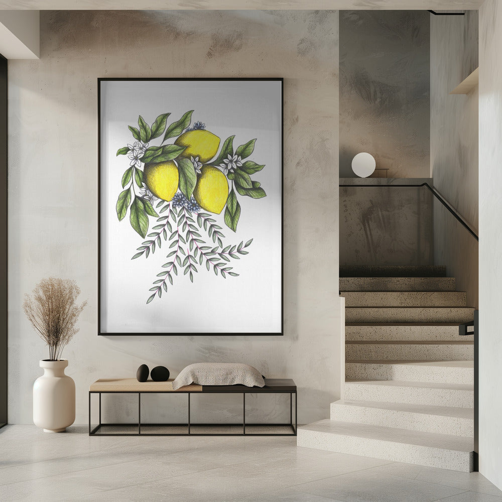 Citroenen en groene bladeren met delicate witte bloesems | Poster